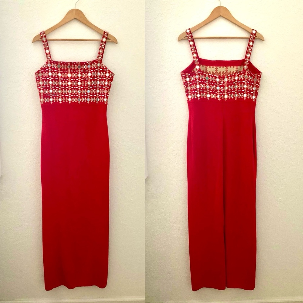 St.John Red Knit Maxi Dress with Gold Mirror Accents - Picture 4 of 8